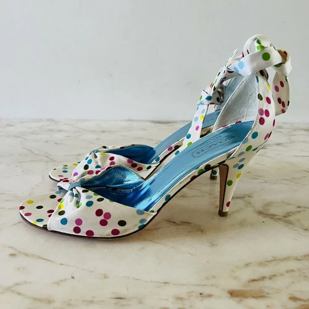 COACH Glena White Multi Satin Polka Dot Heels Bow Accents - US 8.5 - Picture 5 of 9